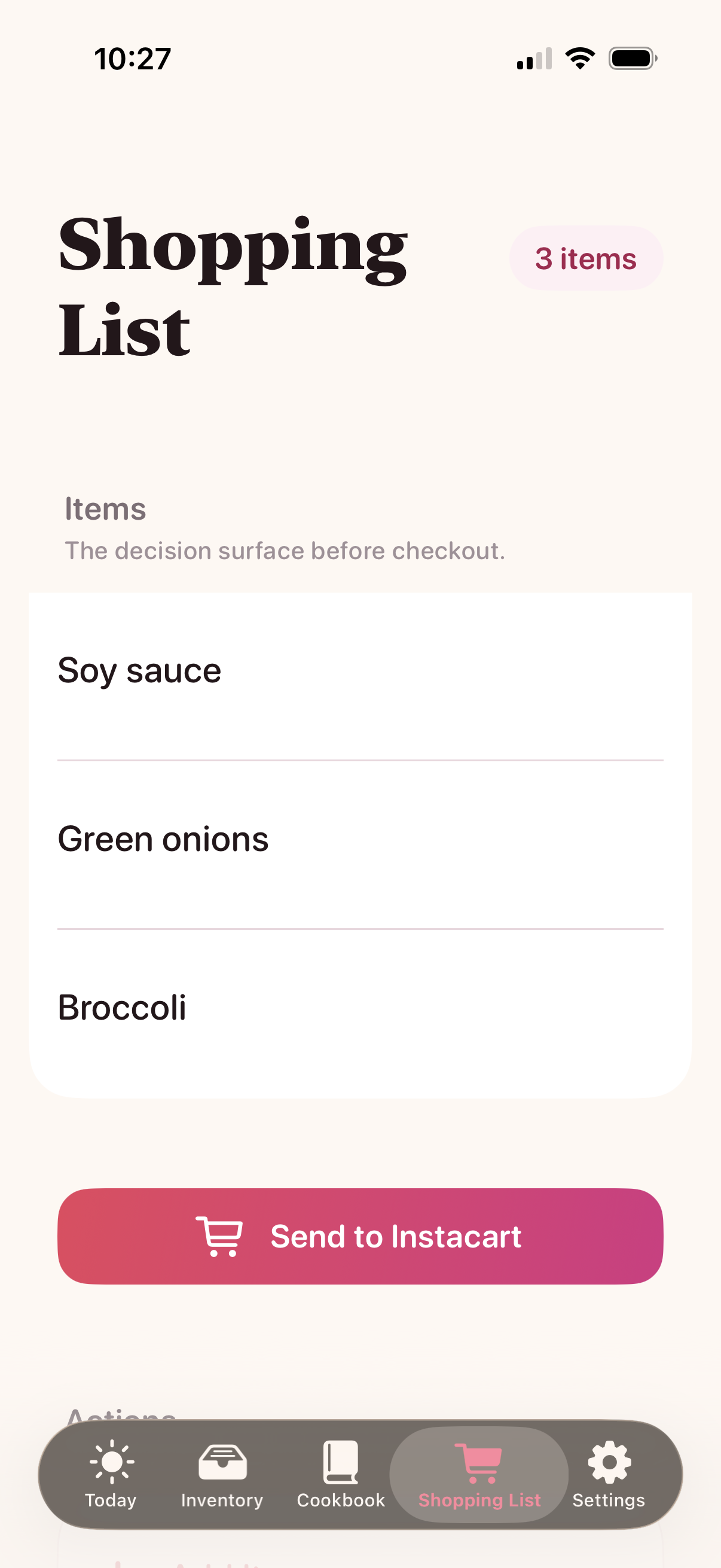 Gravitas Kitchen shopping list screen