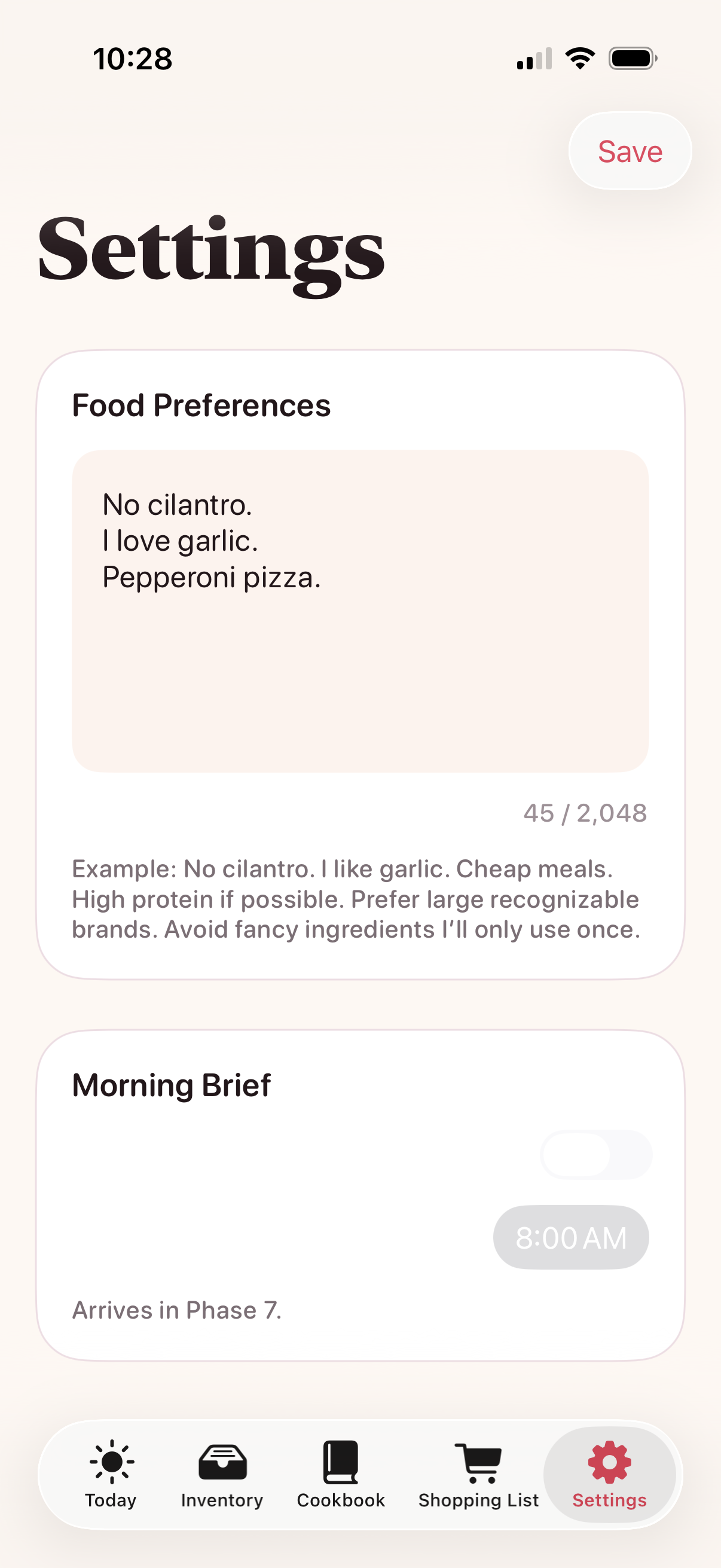 Gravitas Kitchen settings and Morning Food Brief screen