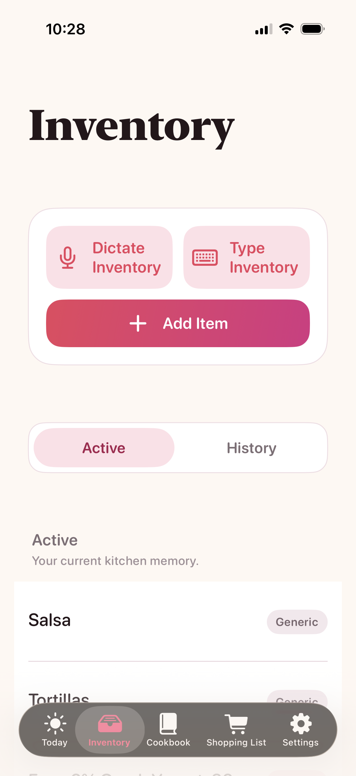 Gravitas Kitchen inventory screen