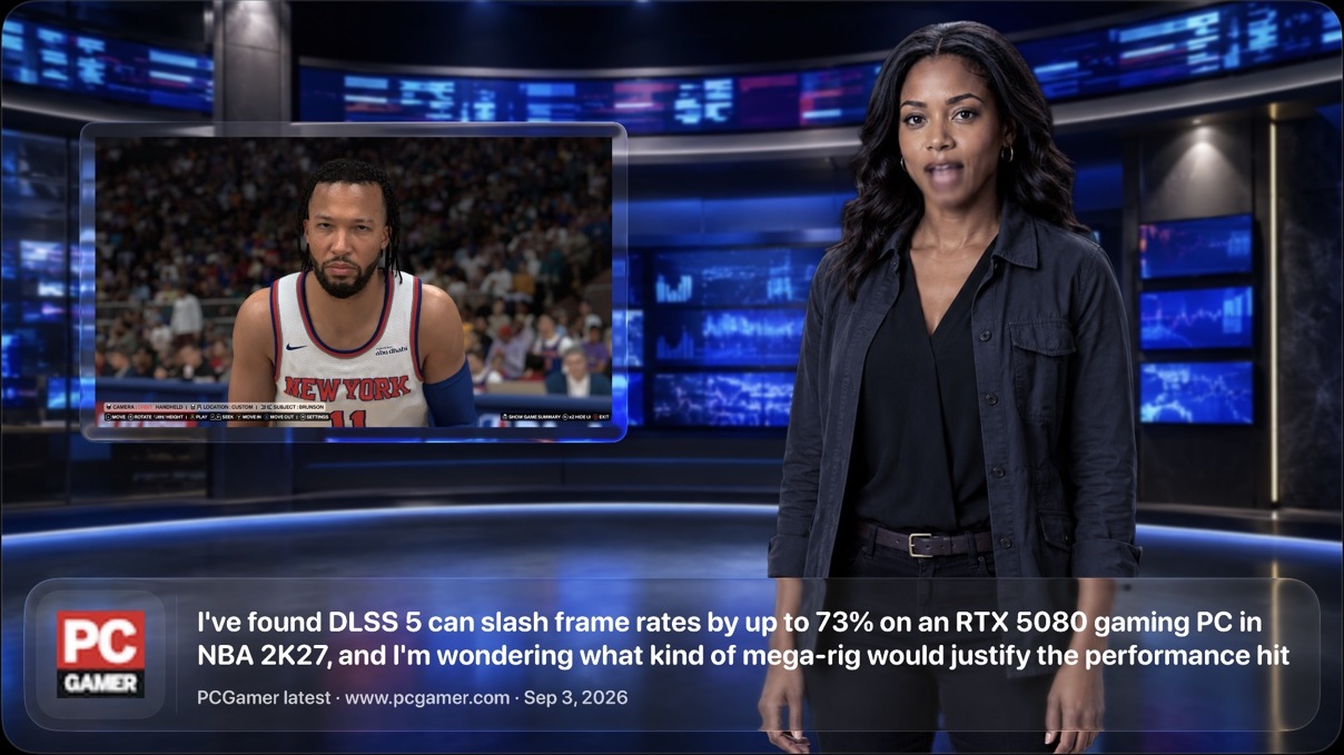 An animated presenter delivers a technology article, with the source’s game image beside her and the publisher in the lower third.