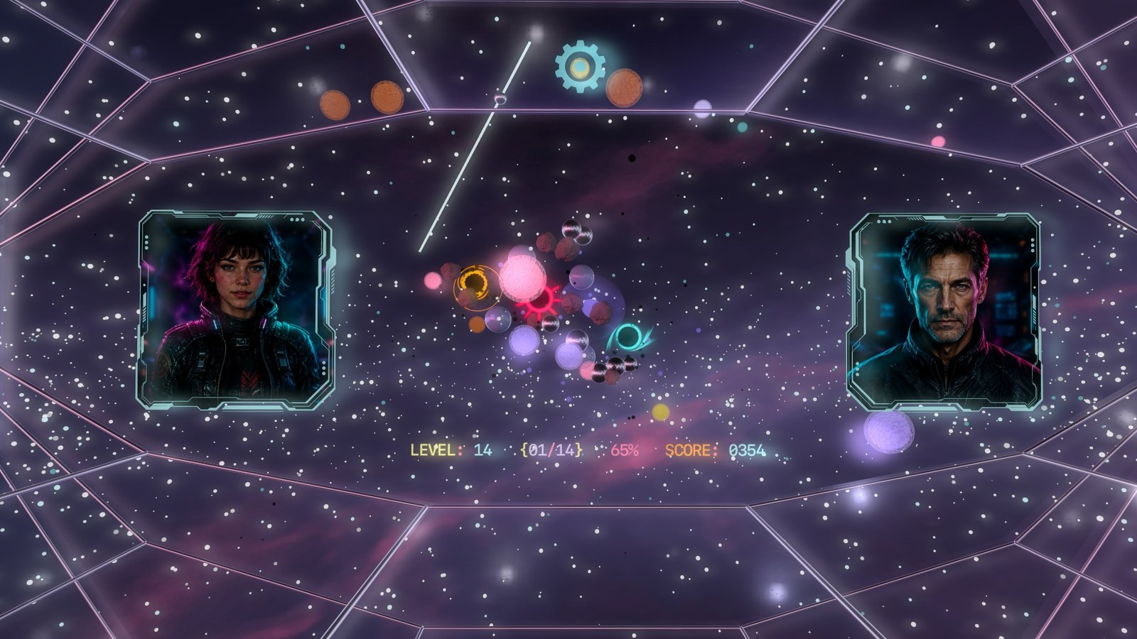 Both character portraits remain visible while glowing spheres and black holes cluster in the center of the galaxy.