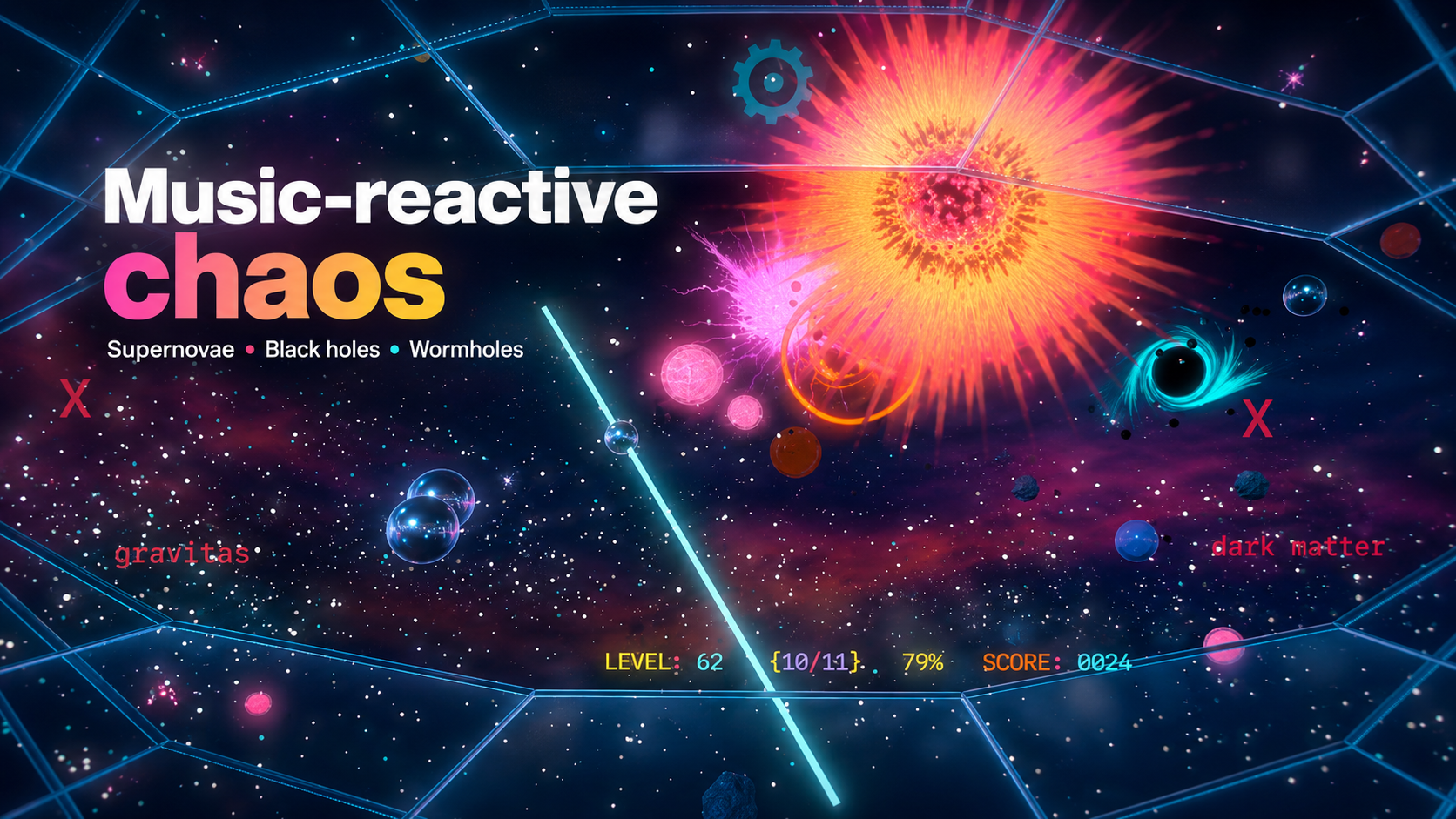 Music-reactive chaos in Gravitas Dark Matter with supernovae, black holes, and wormholes