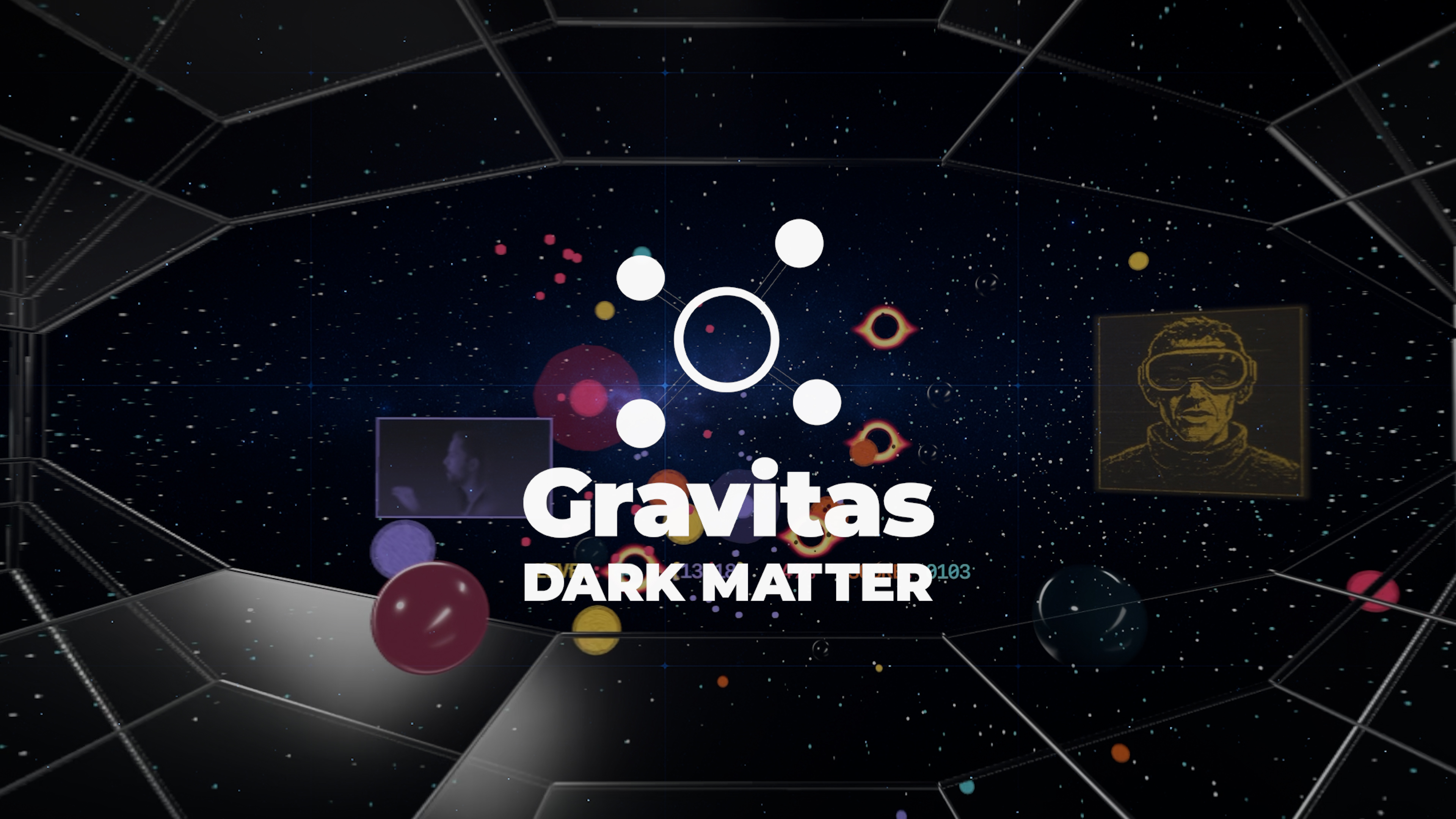 Gravitas Dark Matter key art: neon spheres in a live gravitational simulation.