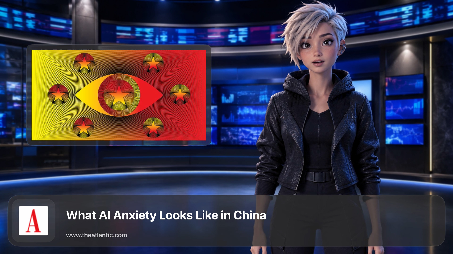 Gravitas Crunch animated presenter broadcasting an article in a virtual newsroom