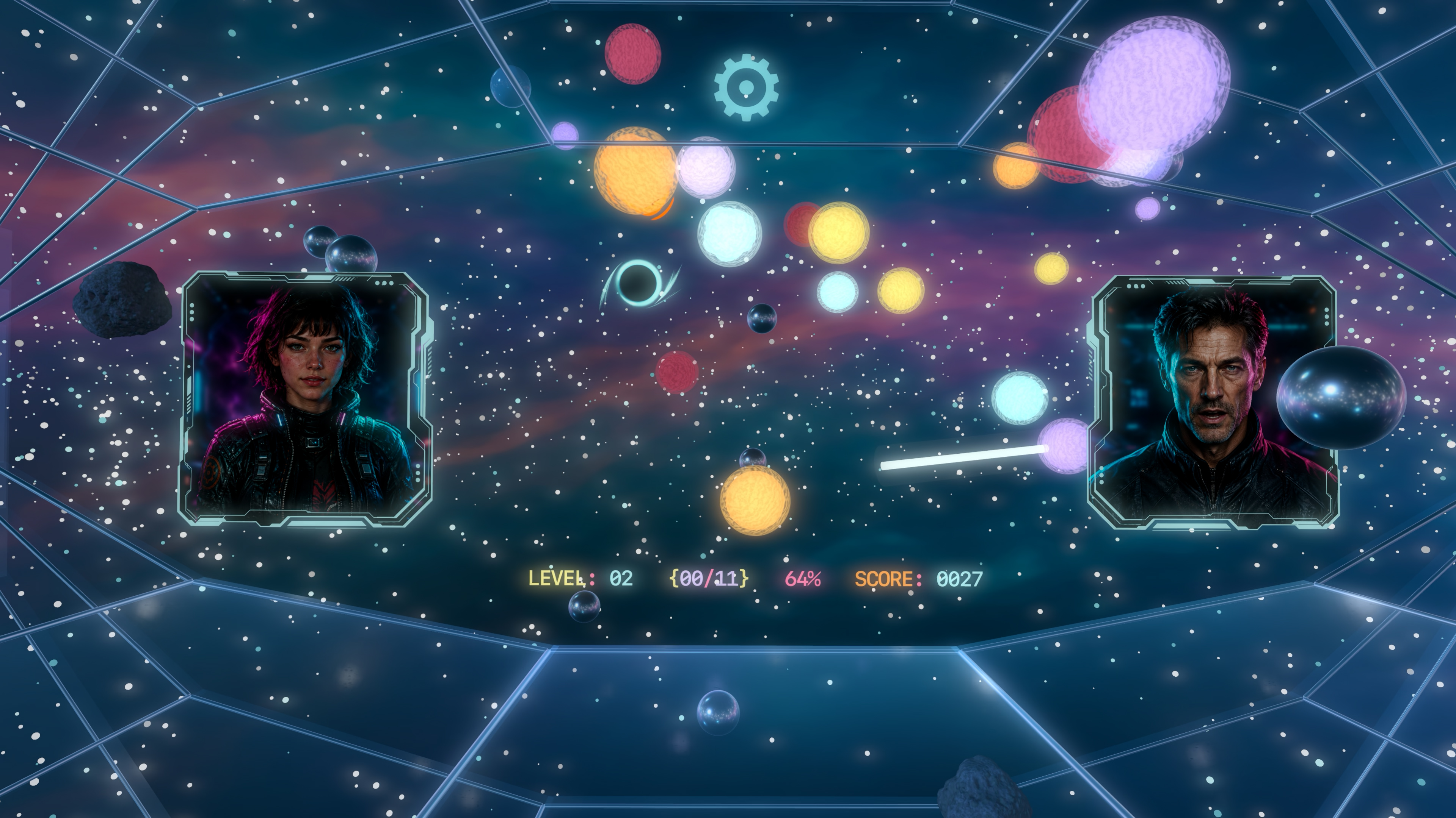 Gravitas Dark Matter gameplay with two MindsEye characters and a colorful cosmic arena