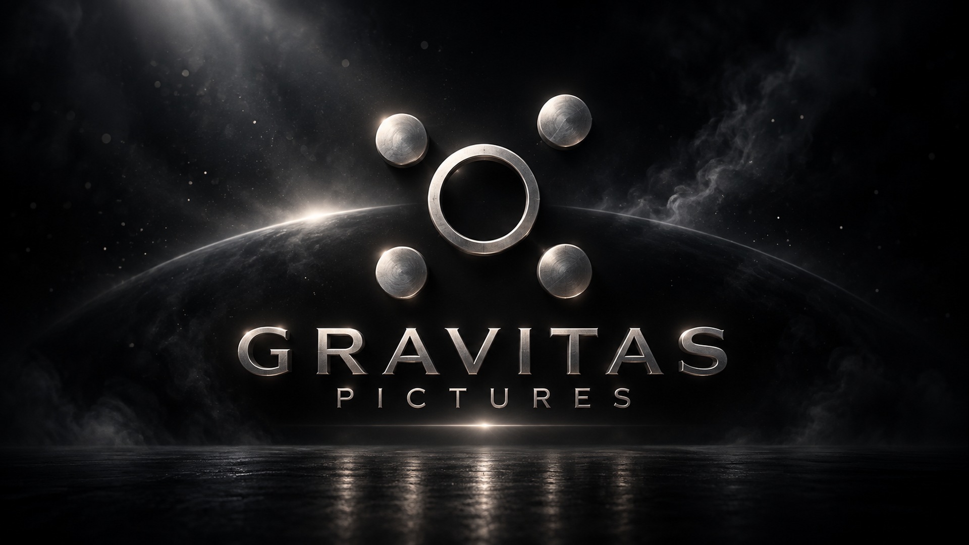 Gravitas Pictures, rendered in silver above a dark planetary horizon.