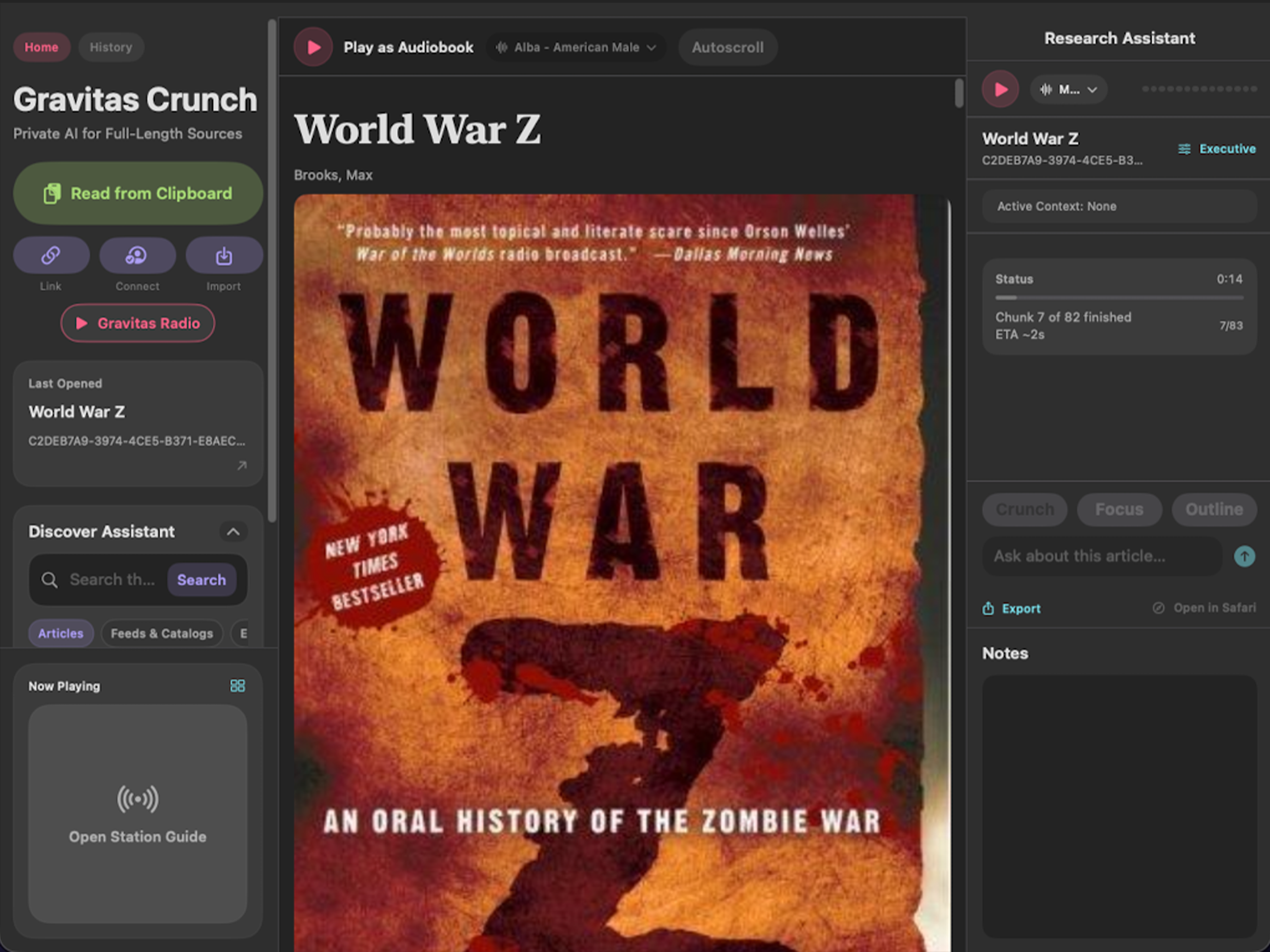 Gravitas Crunch audiobook workflow on iPad