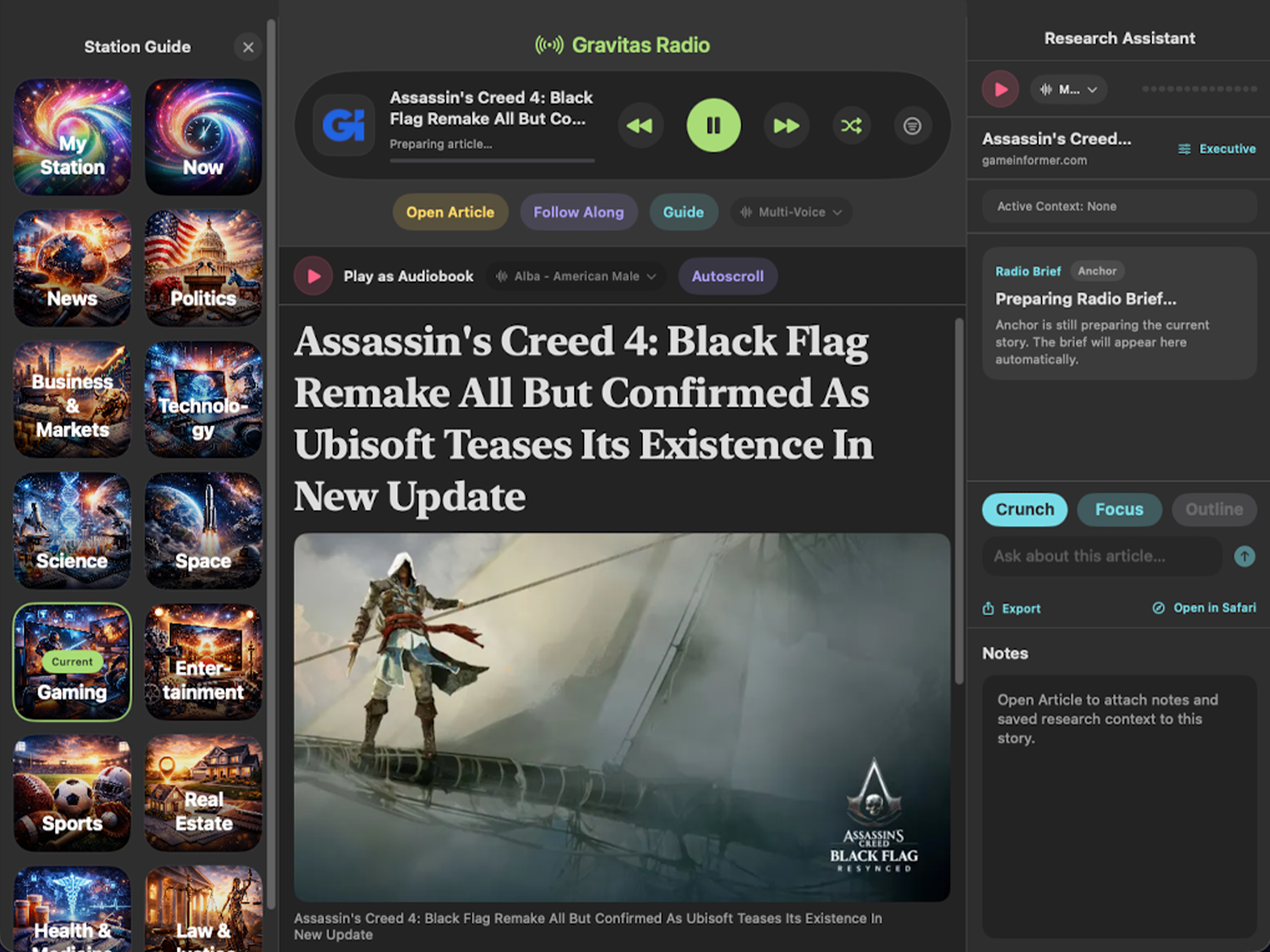 Gravitas Radio guide and station workflows on iPad
