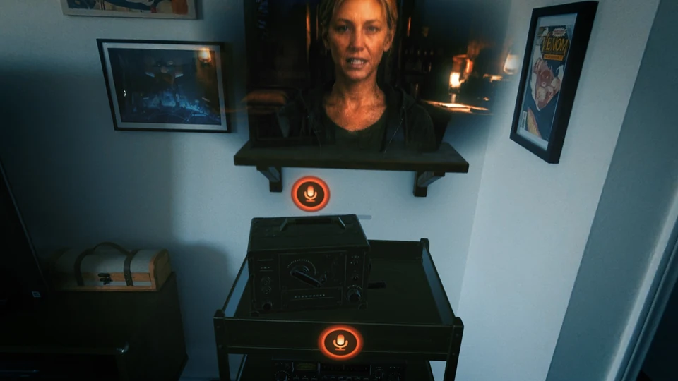 An animated woman's portrait appears above a stack of story radios, with orange microphone controls visible in the room.