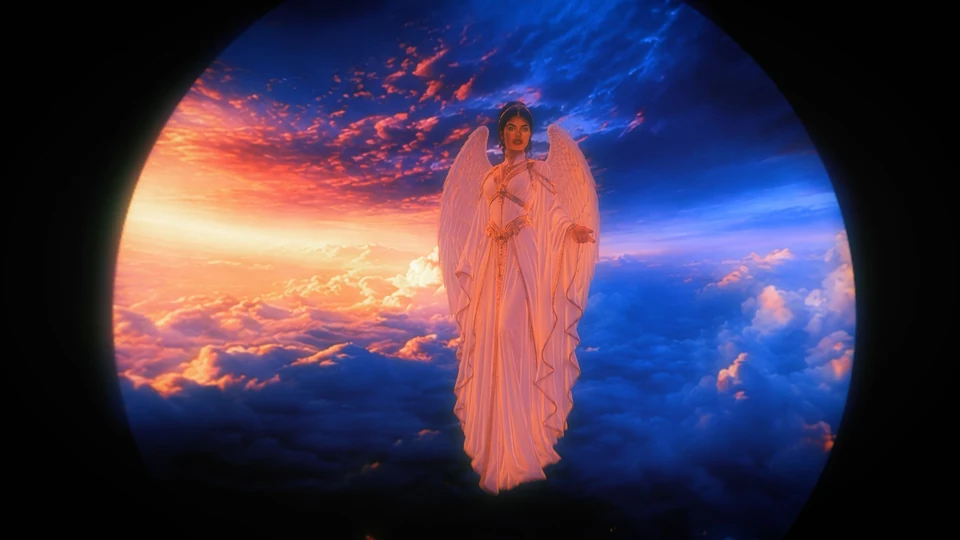 A winged figure in a flowing pale robe appears against orange and blue clouds within a dark-edged opening.
