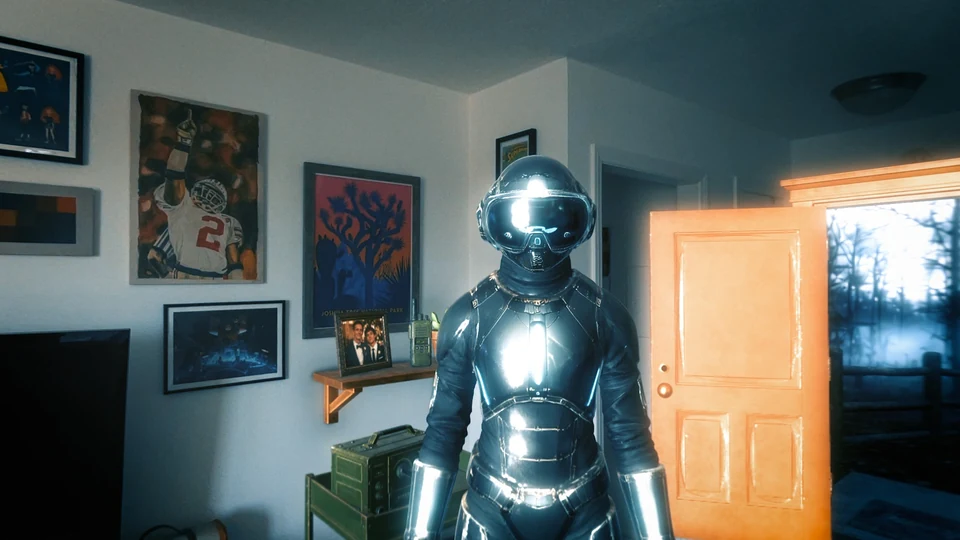 A reflective robot stands in a living room beside an open virtual wooden door leading into a blue-lit forest.