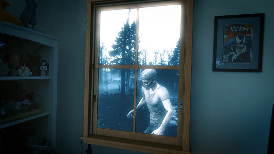 An infected figure stands outside a wooden window portal, with a blue forest beyond and the real room visible around the frame.